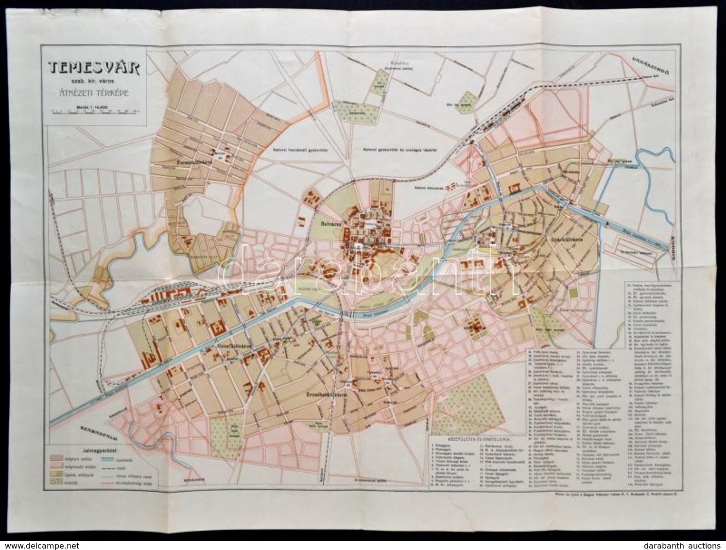 Cca 1900 Temesvár Szabad Királyi Város átnézeti Térképe, Magyar Földrajzi Intézet, Hajtásnál Kis Szakadás, 40x58 Cm - Sonstige & Ohne Zuordnung