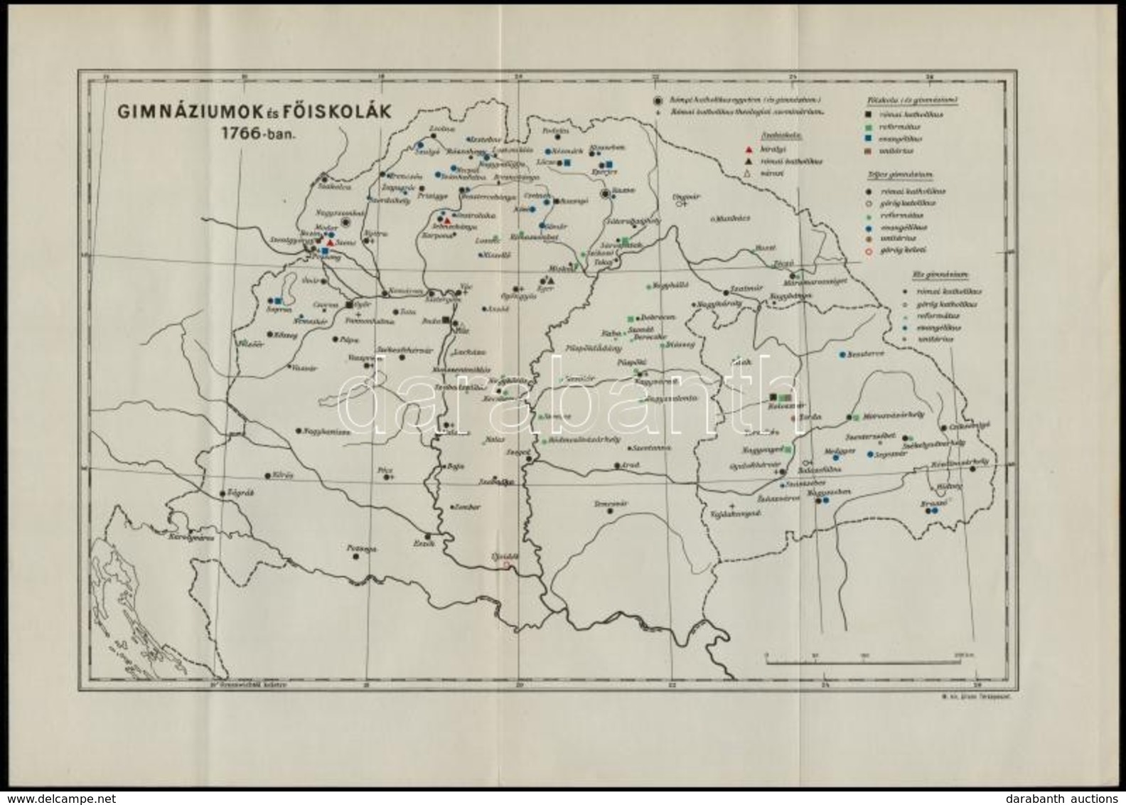 Gimnáziumok és Főiskolák 1766-ban, Térkép, M. Kir. Állami Térképészet, Hajtott, 23,5×33 Cm - Other & Unclassified