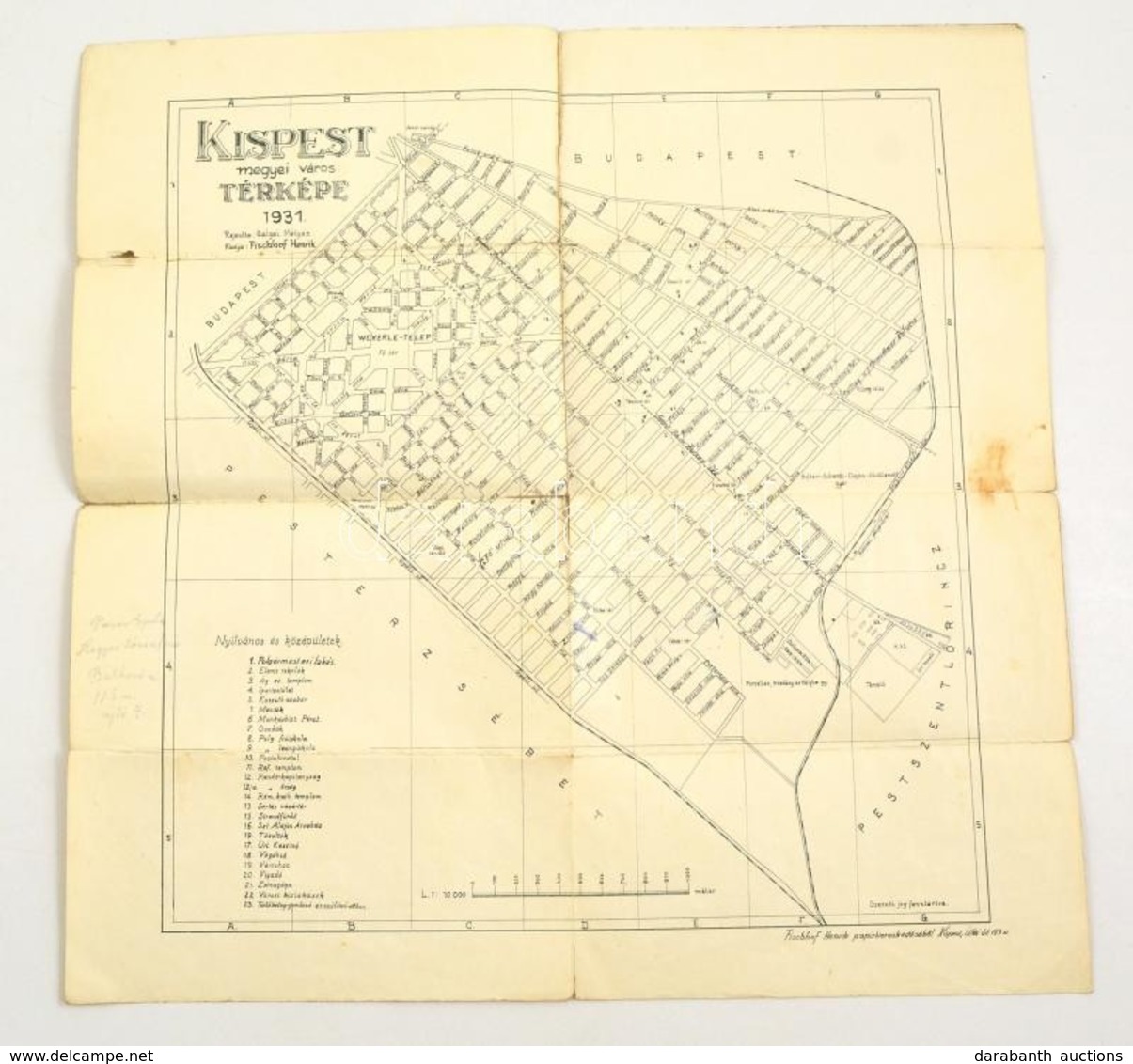 1931 Kispest Megyei Város Térképe. Kiadja .Fischhof Henrik. 46x49 Cm Hajtásnyomokkal - Other & Unclassified