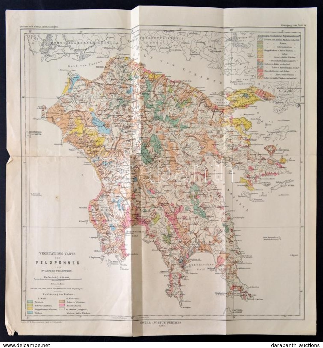 1895 Peloponészoszi Félsziget Geográfiai Térképe, Gotha, Justus Perthes, Szakadozott, 45x43 Cm. - Autres & Non Classés