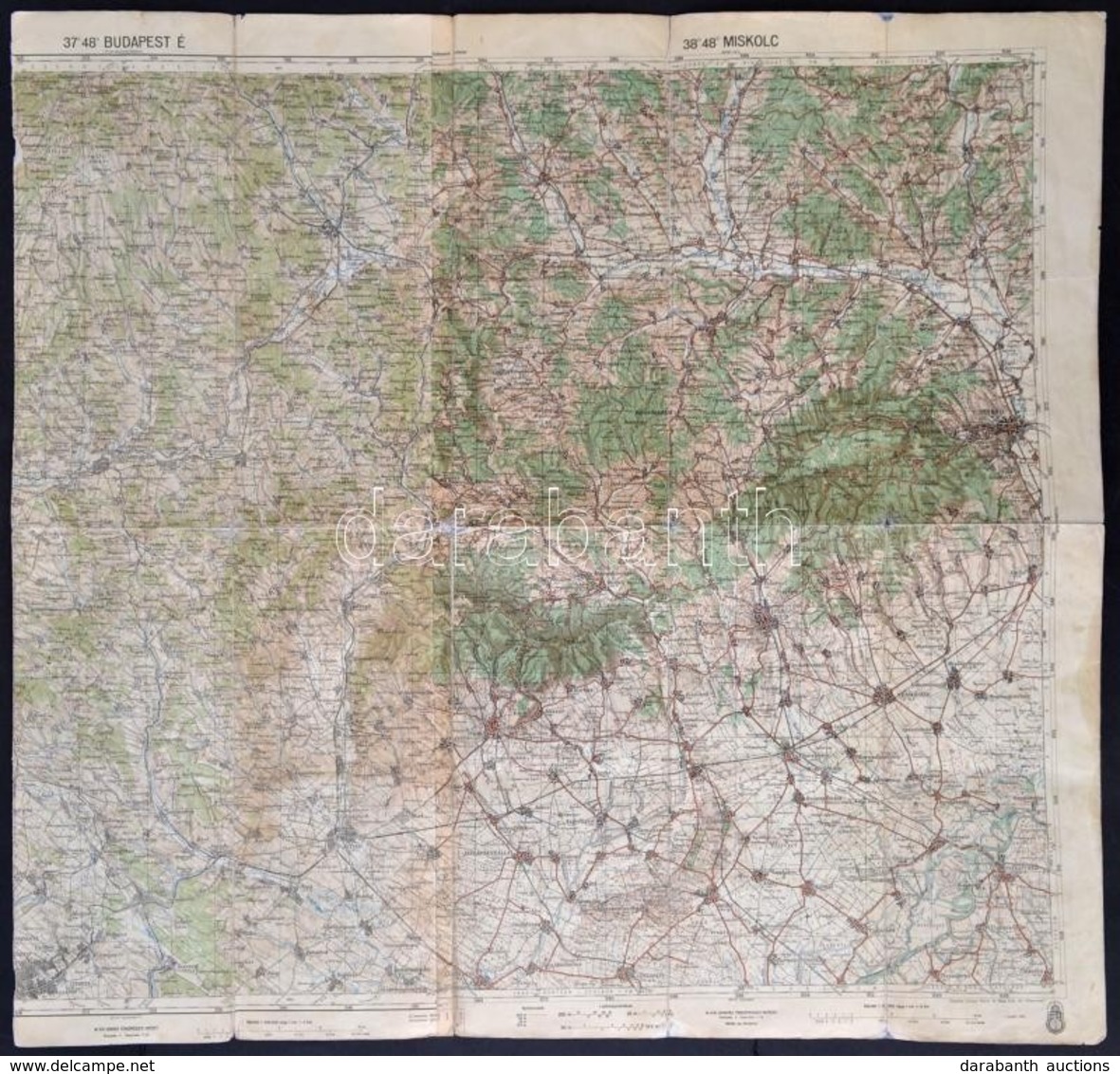 1942 Budapest É - Miskolc, Térkép, 1:200000, M. Kir. Honvéd Térképészet Intézet, Ragasztott, A Hajtások Mentén Kis Sérül - Autres & Non Classés