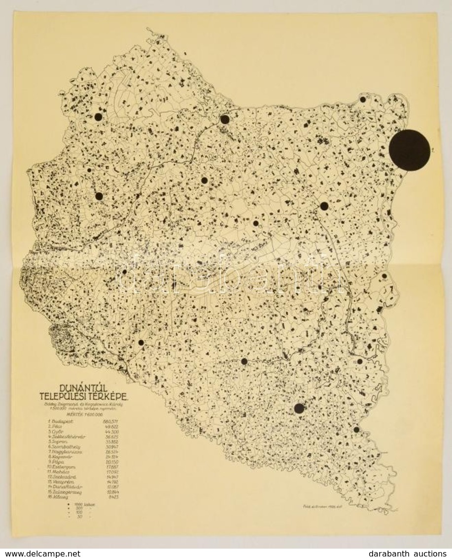 1926 A Dunántúl Települési Térképe. Bátky Zsigmond és Kogutowitz Károly Nyomán. 44x55 Cm - Autres & Non Classés