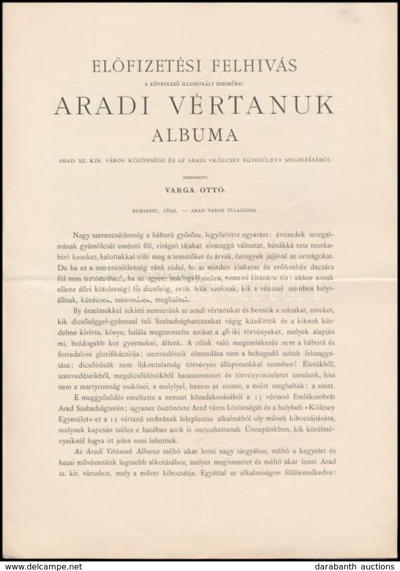 Cca 1890 Aradi Vértanúk Albuma Előfizetési Felhívás és Megrendelő Lap, 4 P. - Non Classés