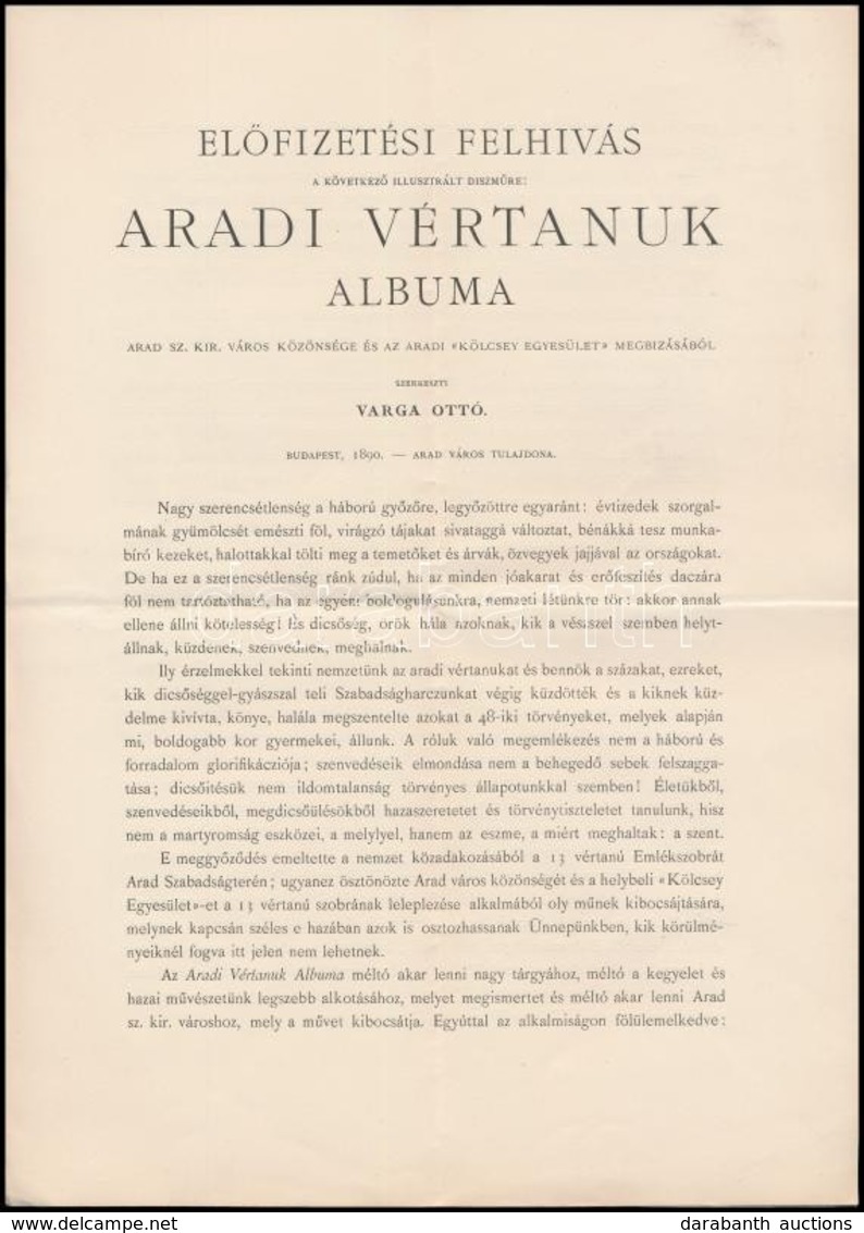 Cca 1890 Aradi Vértanúk Albuma Előfizetési Felhívás és Megrendelő Lap, 4 P. - Unclassified