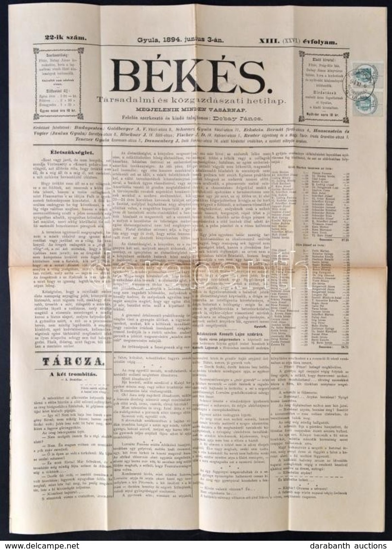 1894 A Békés Hetilap 13. (26.) évf. 22. Száma (június 3.), érdekes írásokkal - Non Classés