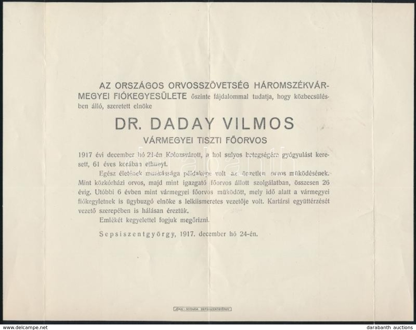 1917 Daday Vilmos (1856-1917) Háromszék Vármegyei Tiszti Főorvos Halotti értesítője, Szombathelyre A Vármegyei Törvényha - Unclassified