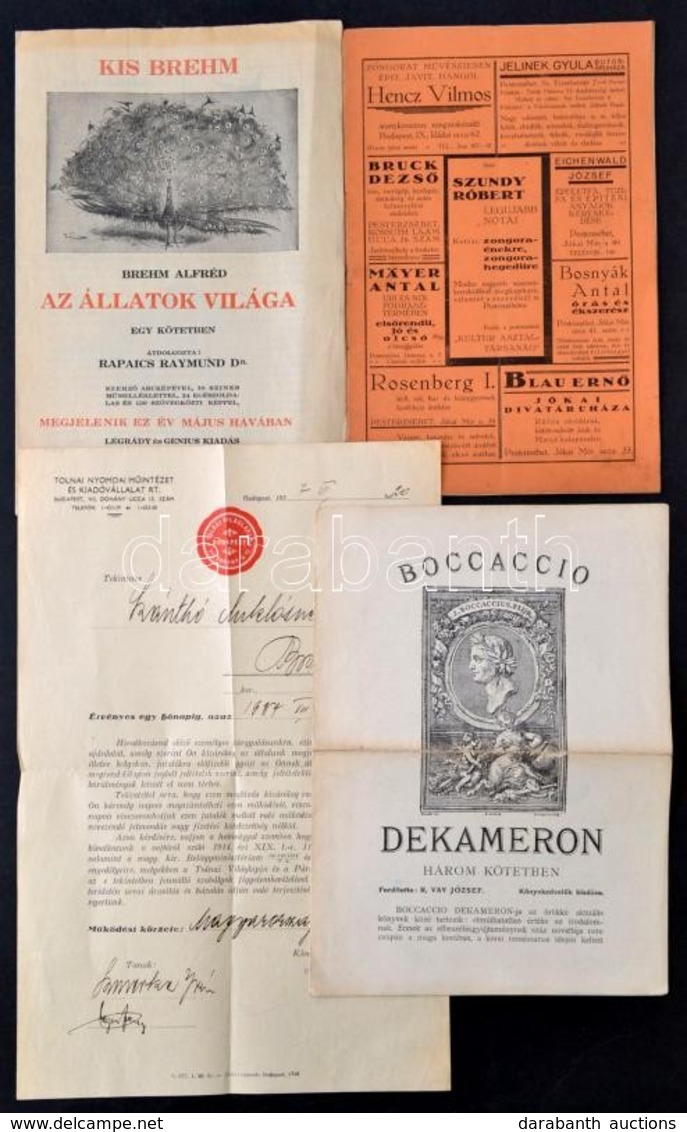 Cca 1920-1930 Vegyes Nyomtatvány Tétel, 4 Db: 
Tolnai Nyomdai Műintézet és Kiadóvállalat Rt. által Kiállított Műkődés En - Non Classés