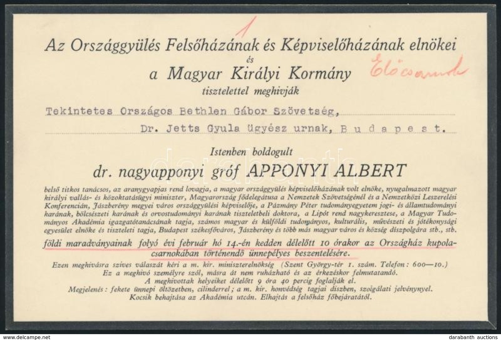 1933 Meghívó Gróf Apponyi Albert (1846-1933) Földi Maradványainak Az Országházban Történő ünnepélyes Beszentelésére, A B - Non Classés