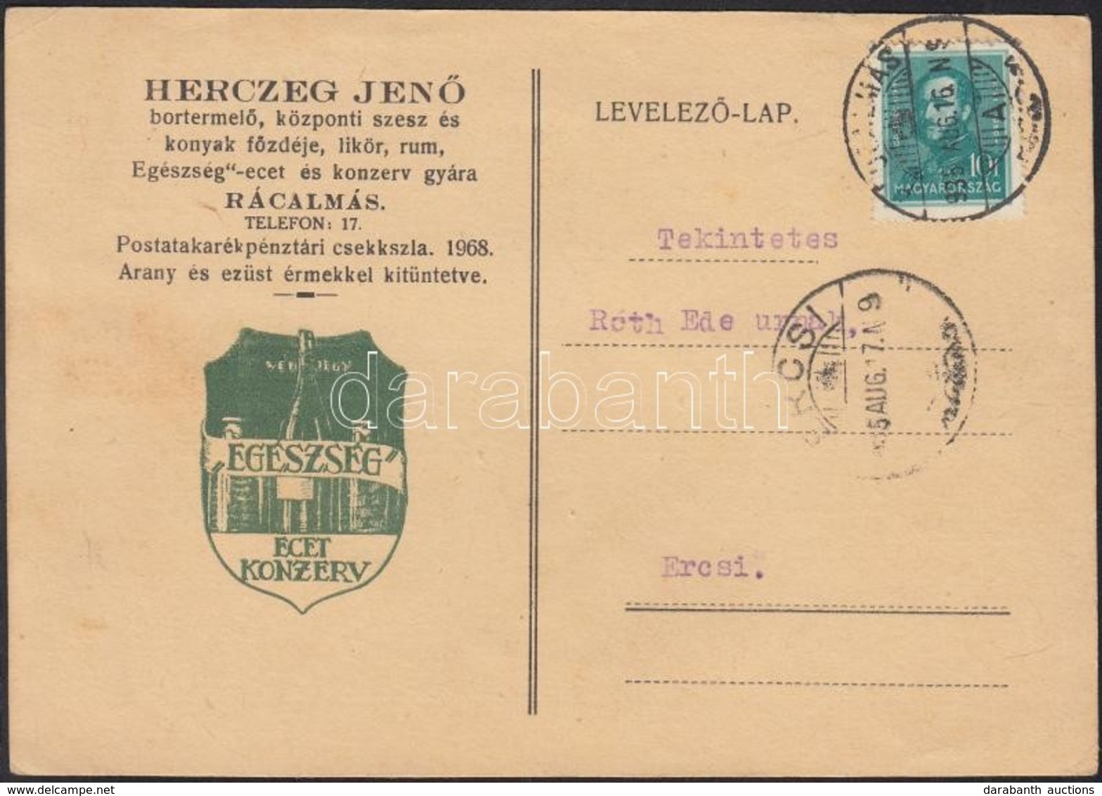 1935 Herczeg Jenő Bortermelő, Központi Szesz és Konyak Főzdéje Rácalmás, Reklámos Levelezőlap - Non Classés