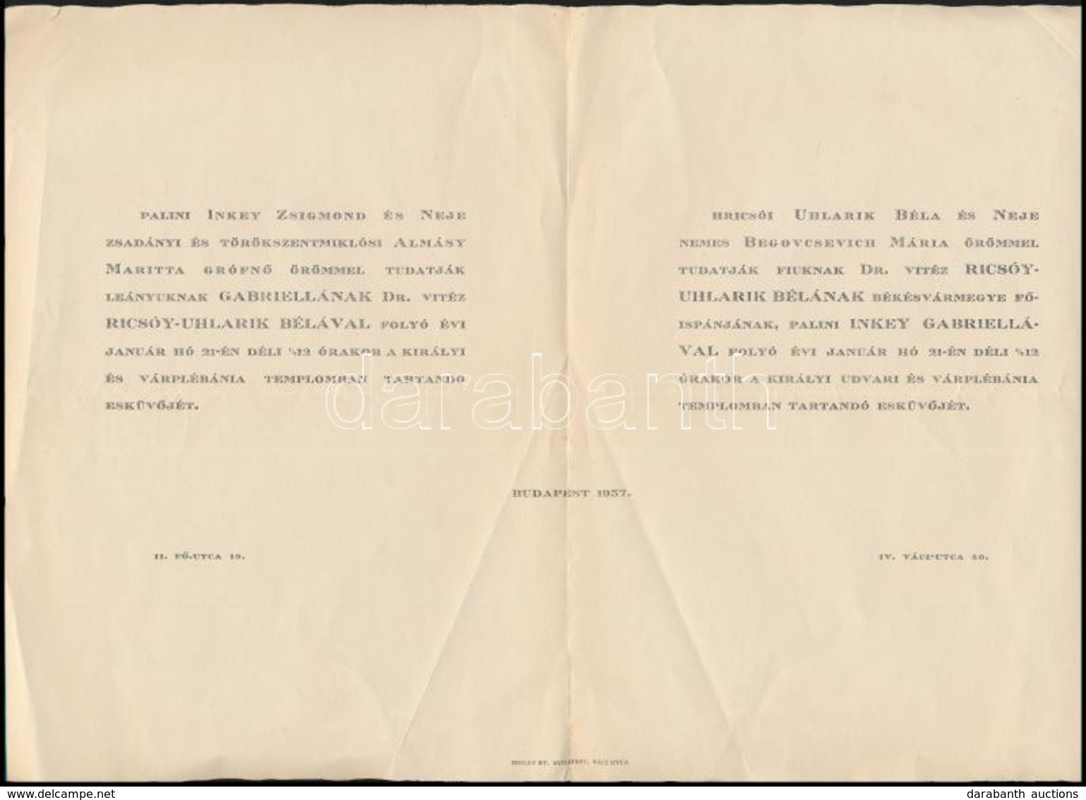 1937 Palini Inkey Gabriellának és Dr. Vitéz Ricsóy-Uhlarik Bélának Esküvő Meghívója, Hajtásnyomokkal. - Non Classés