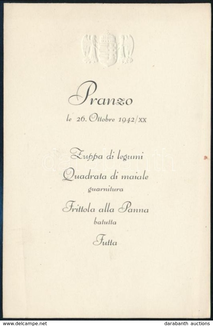1942 Olasz Nyelvű, Angyalos Címeres Menükártya - Non Classés
