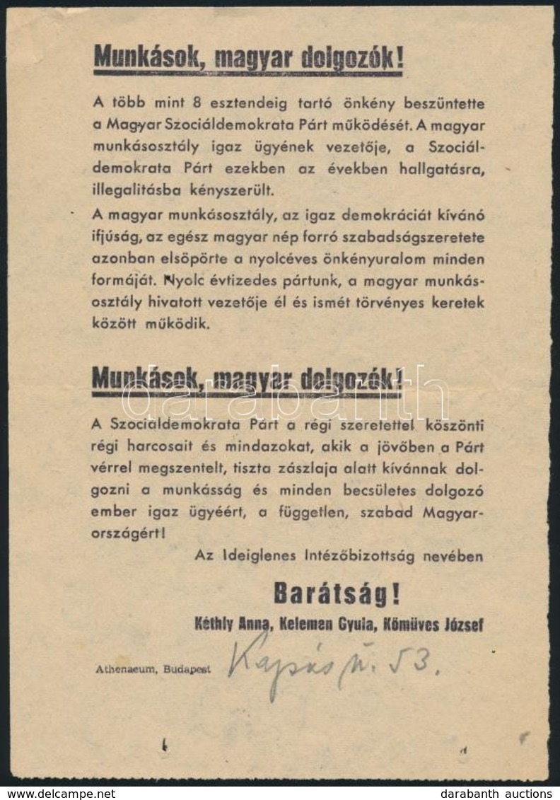 1956 'Munkások, Magyar Dolgozók!' 1956-os Röplap, A Szociáldemokrata Párt Kiadványa, Bp., Athenaeum, 20,5x14,5 Cm - Non Classés