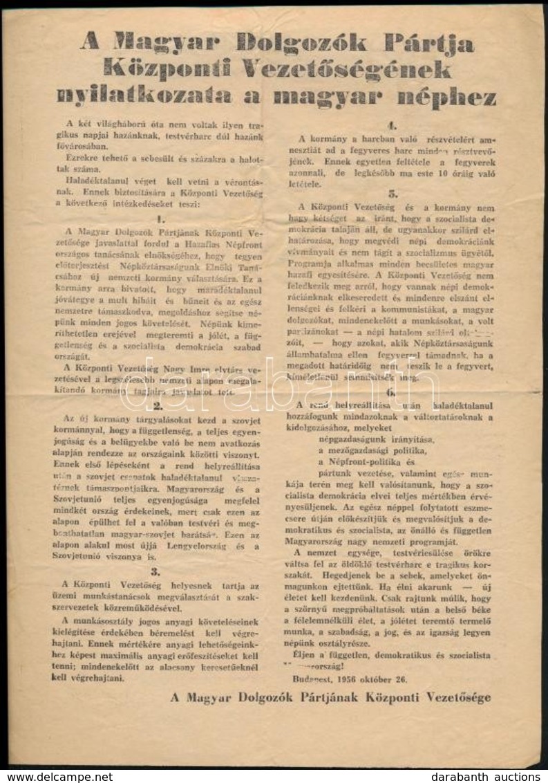 1956 A Magyar Dolgozók Pártja Központi Vezetőségének Nyilatkozata A Magyar Néphez, 1956. Okt. 26., Benne A Forradalom Hí - Non Classés