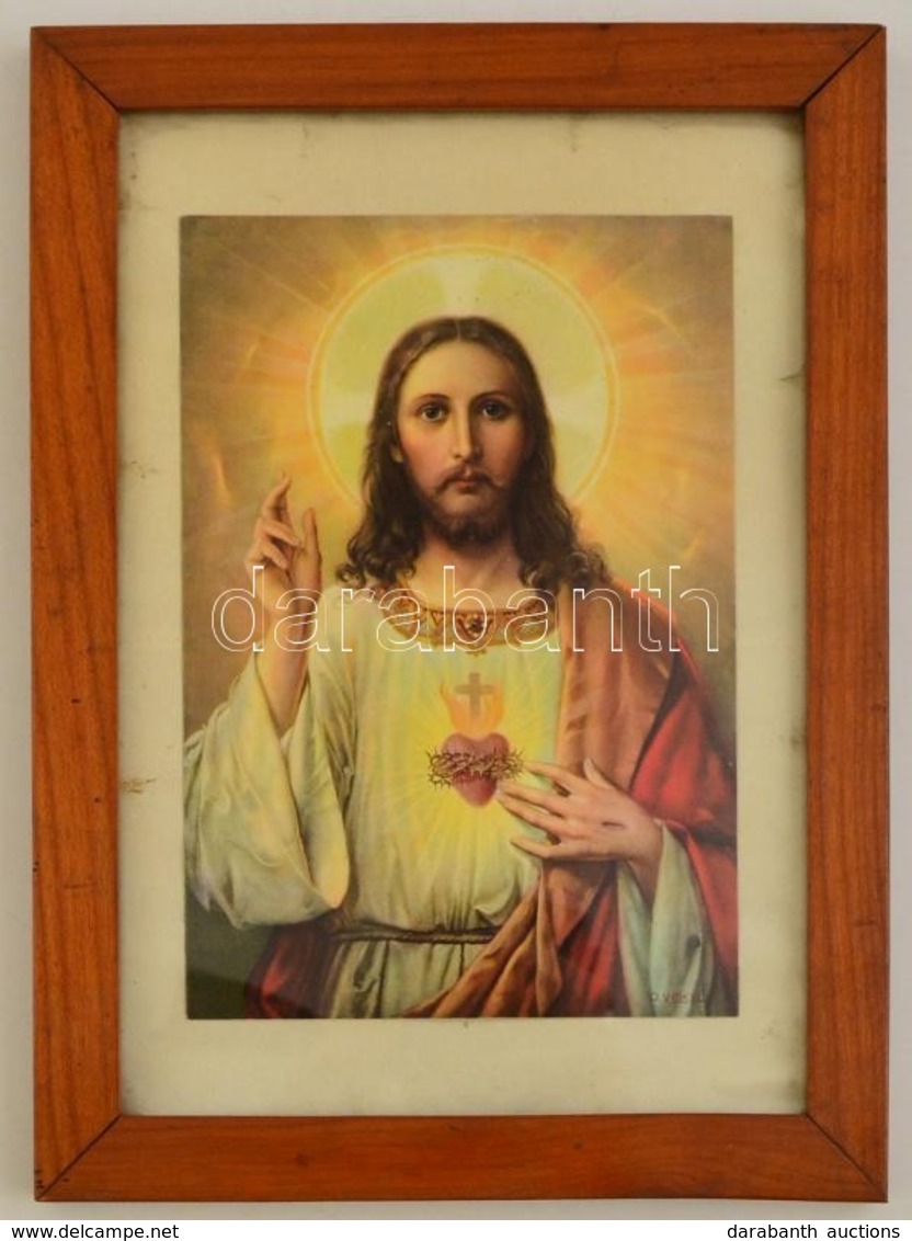 Jézus Szent Szíve, Színes Nyomat, üvegezett Fa Keretben, Kissé Foltos, 13×19 Cm - Non Classés