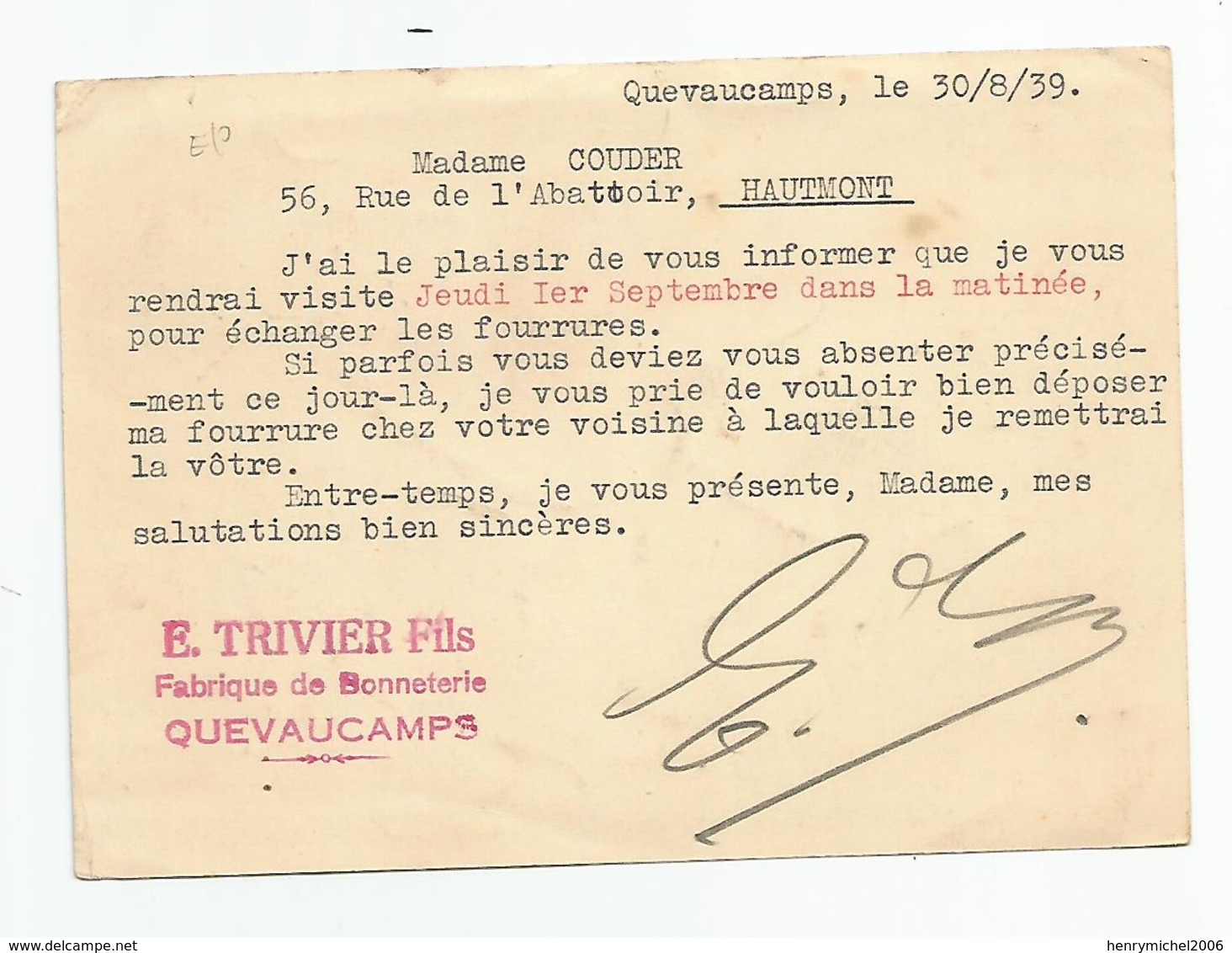 Belgique Tournai , Trvier Fabrique De Bonneterie Quevaucamps 1939 Pour Hautmont Lez Maubeuge 59 Nord  Entier Postal - Cartes Postales 1934-1951