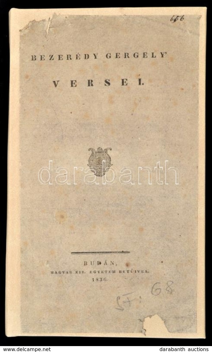 Bezerédy Gergely Versei. Buda, 1836, M. Kir. Egyetemi Betűivel, 2+124 P. Átkötött Modern Egészbőr-kötés, Az Eredeti Papí - Non Classés
