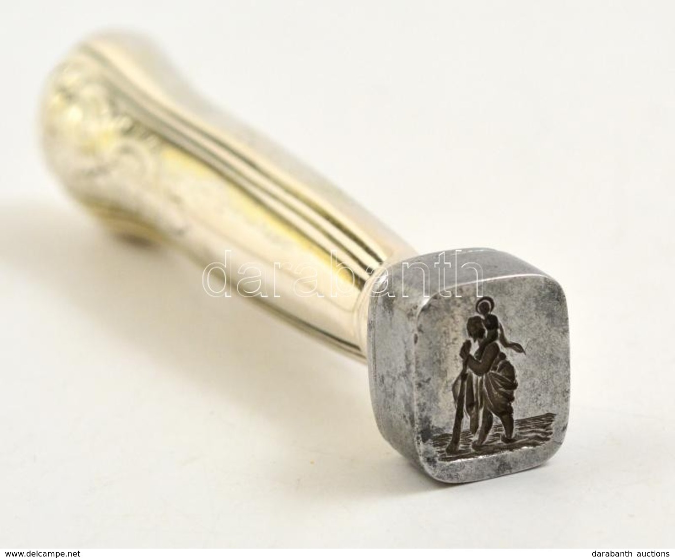 Szent Kristófot ábrázoló Jelzett Ezüst Pecsétnyomó. / Silver Seal Maker With St Christoph Figure Br. 54 G. 10 Cm - Autres & Non Classés