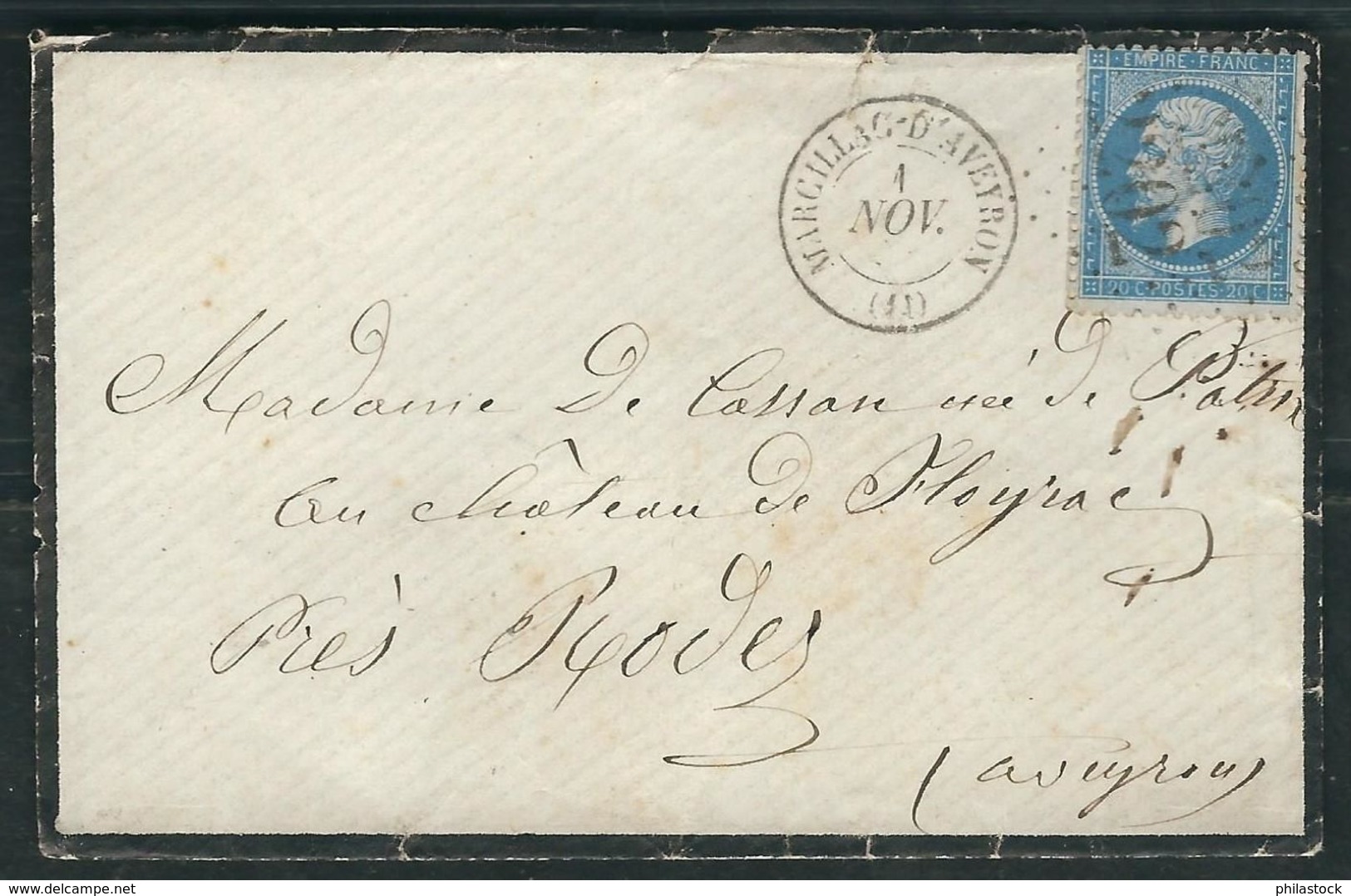 FRANCE 1863 N° 22  S/Lettre Obl. GC 2202 Marcillac D'Aveyron - 1862 Napoleon III