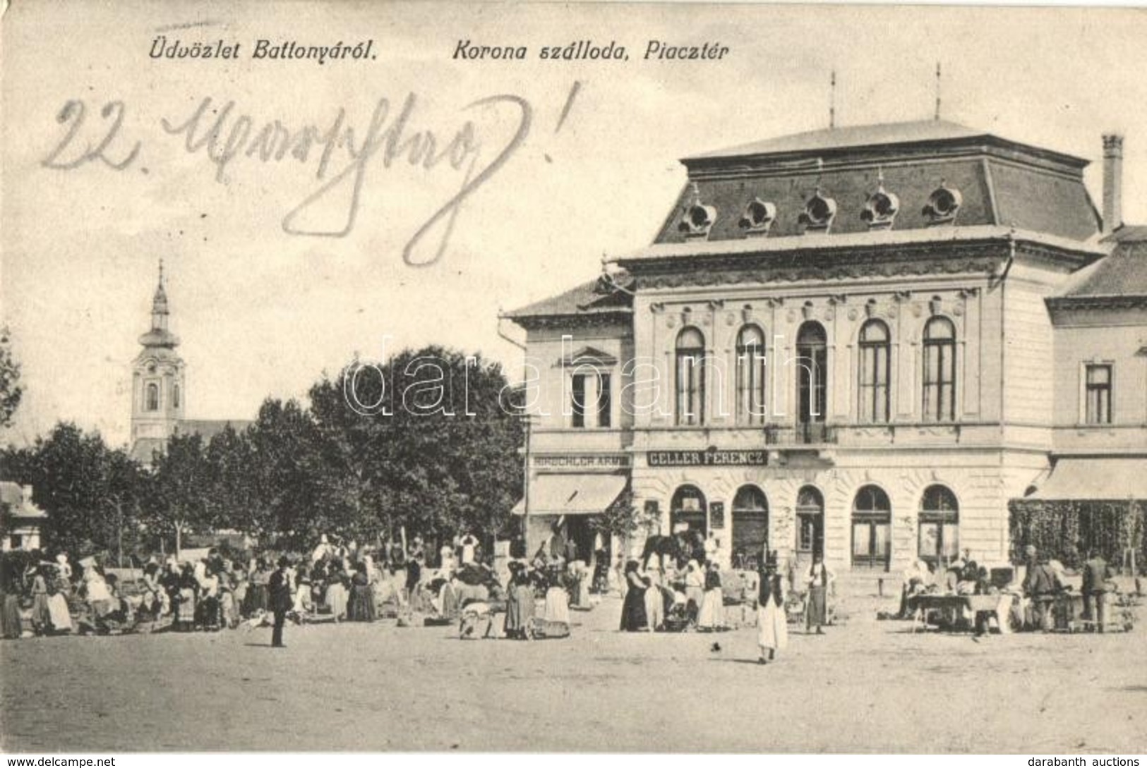 T2/T3 1908 Battonya, Korona Szálloda, Piac Tér, Piaci árusok, Hirschler Ármin, Geller Ferenc üzlete (EK) - Unclassified