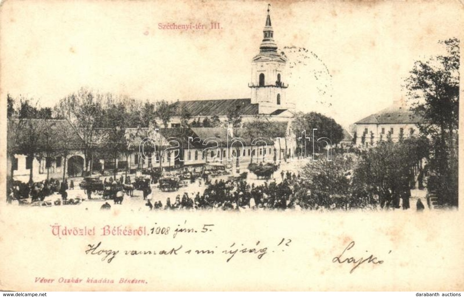 T2/T3 1908 Békés, Széchenyi Tér, Piac, árusok, Templom. Kiadja Véver Oszkár  (fl) - Unclassified