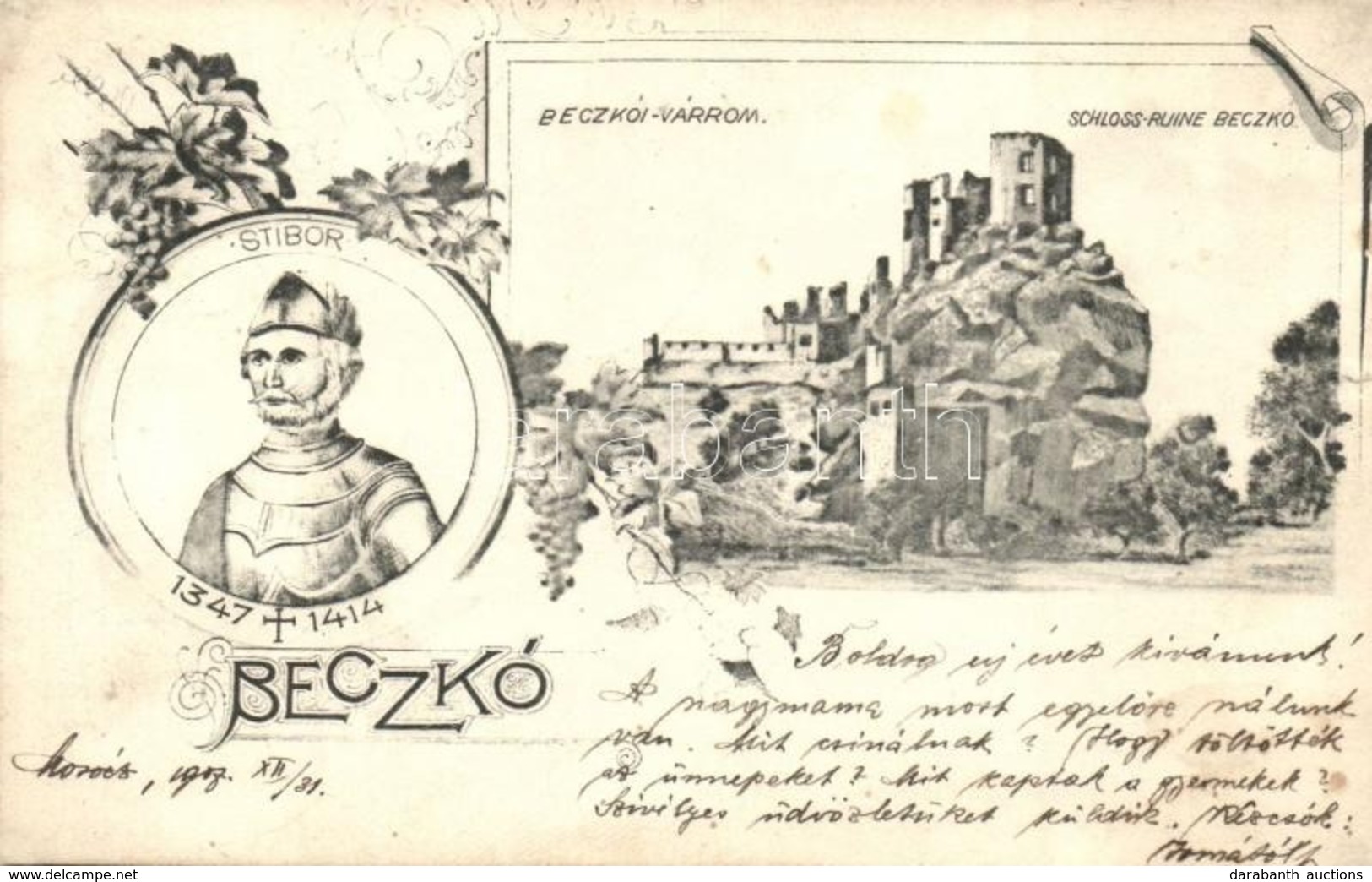 T3 1907 Beckó, Beckov; Schloss Ruine / Vár, Stiborici Stibor Ispán. Kiadja Brück Ignác / Castle Ruins, Count Stibor. Art - Non Classés