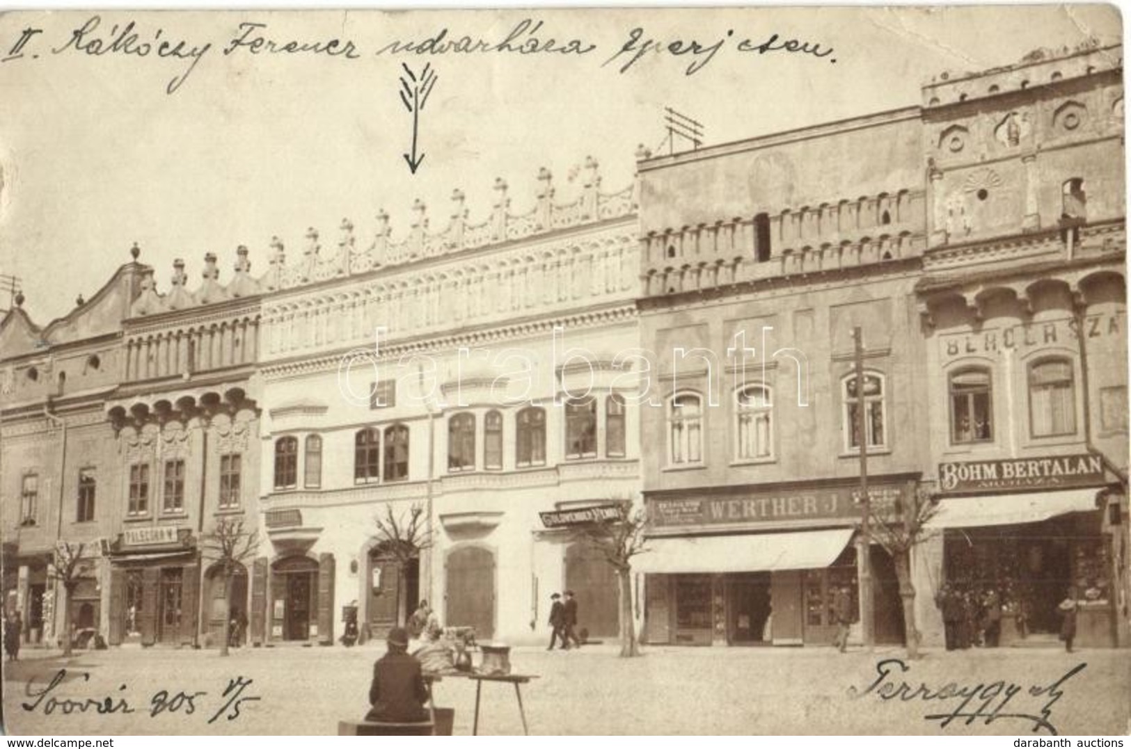 T3 1905 Eperjes, Presov; II. Rákóczi Ferenc Udvarháza, Böhm Bertalan áruháza, Werther J., Goldwender Henrik, Palecsko V. - Non Classés