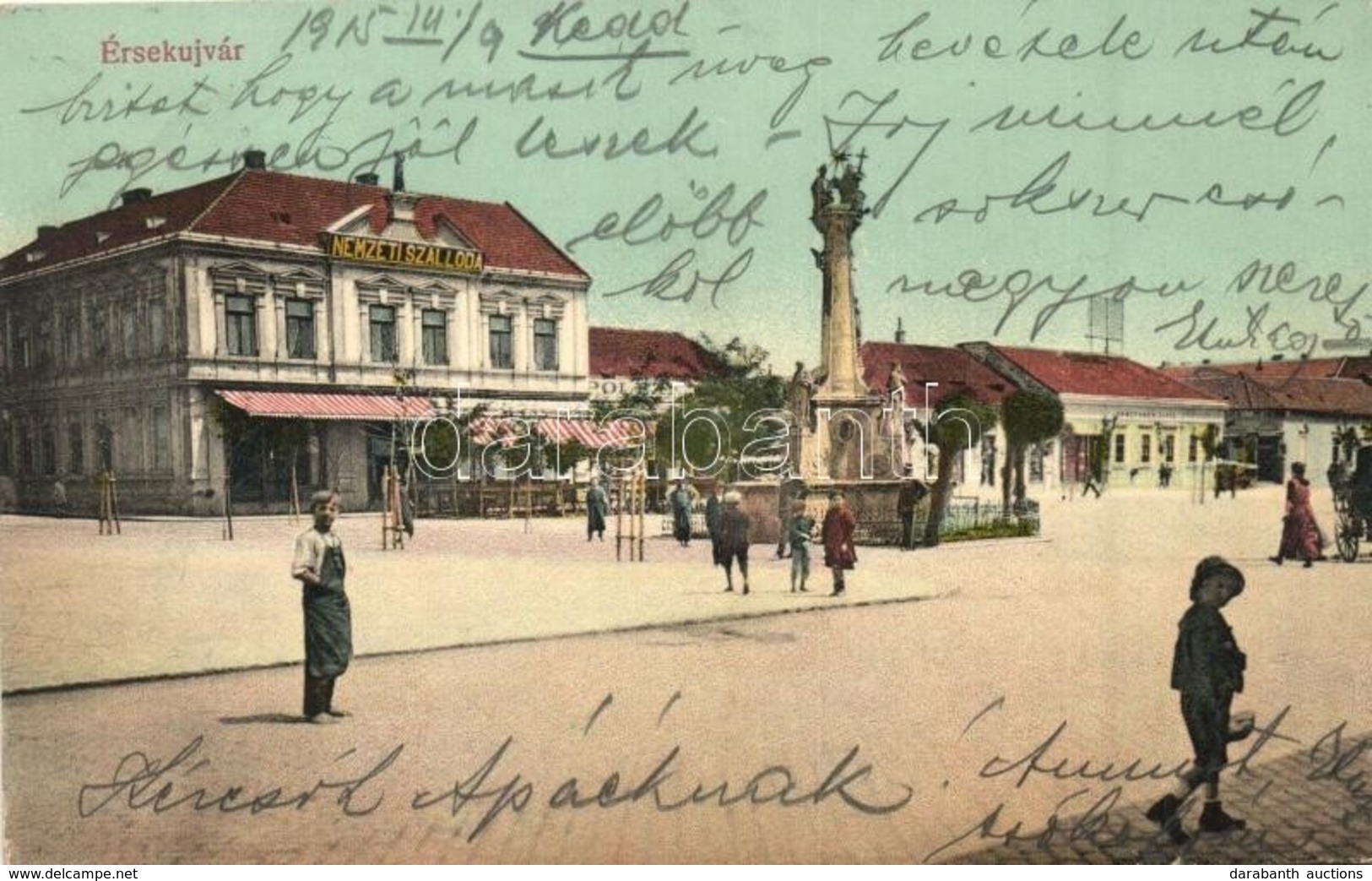 T2 Érsekújvár, Nové Zamky; Nemzeti Szálloda, Szentháromság Szobor. Adler József Kiadása / Hotel, Statue - Non Classés