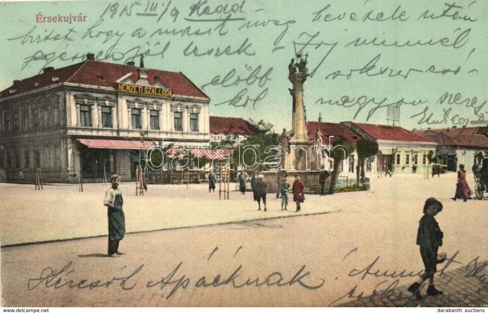 T2 Érsekújvár, Nové Zamky; Nemzeti Szálloda, Szentháromság Szobor. Adler József Kiadása / Hotel, Statue - Unclassified