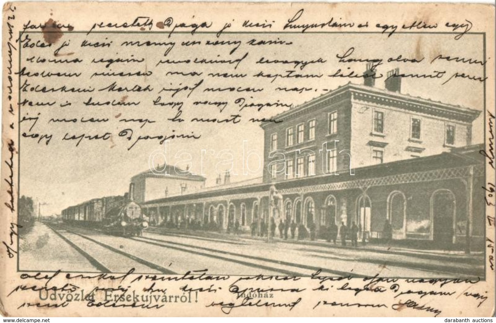 * T2/T3 1903 Érsekújvár, Nové Zamky; Indóház, Vasútállomás, Gőzmozdony / Railway Station, Locomotive / Bahnhof (kopott é - Non Classés