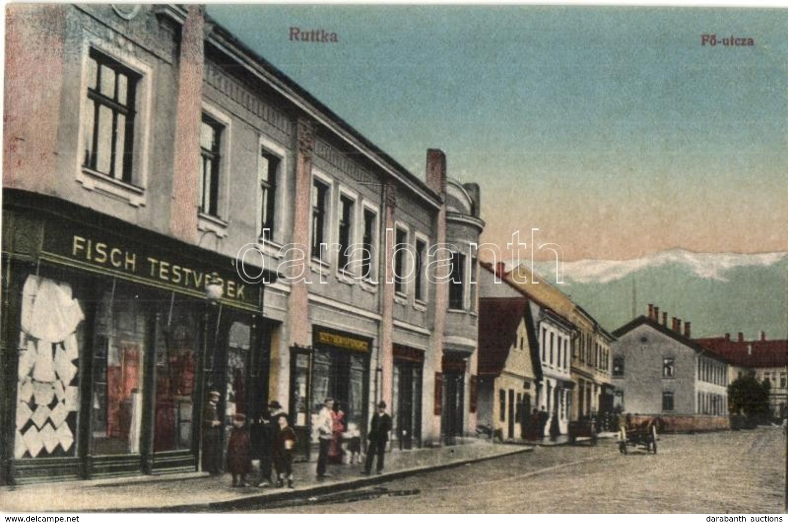 ** T2 Ruttka, Vrutky; Fő Utca, Fisch Testvérek és Szétsényi Ferenc üzlete / Main Street With Shops - Unclassified