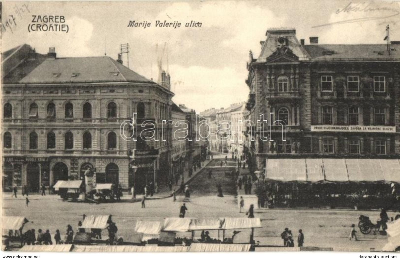 T2 1908 Zagreb, Zágráb, Agram; Marije Valerije Ulica, Prvoc Osjecuravajucec Zavoda Za Vojnicke Sluzbe / Street View With - Zonder Classificatie