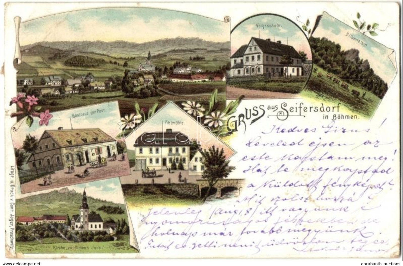 T3 1899 Krizany, Seifersdorf; Volksschule, Silberstein, Öhlmühle, Gasthaus Zur Post, Kirche Zu Simon Und Juda / School,  - Non Classés