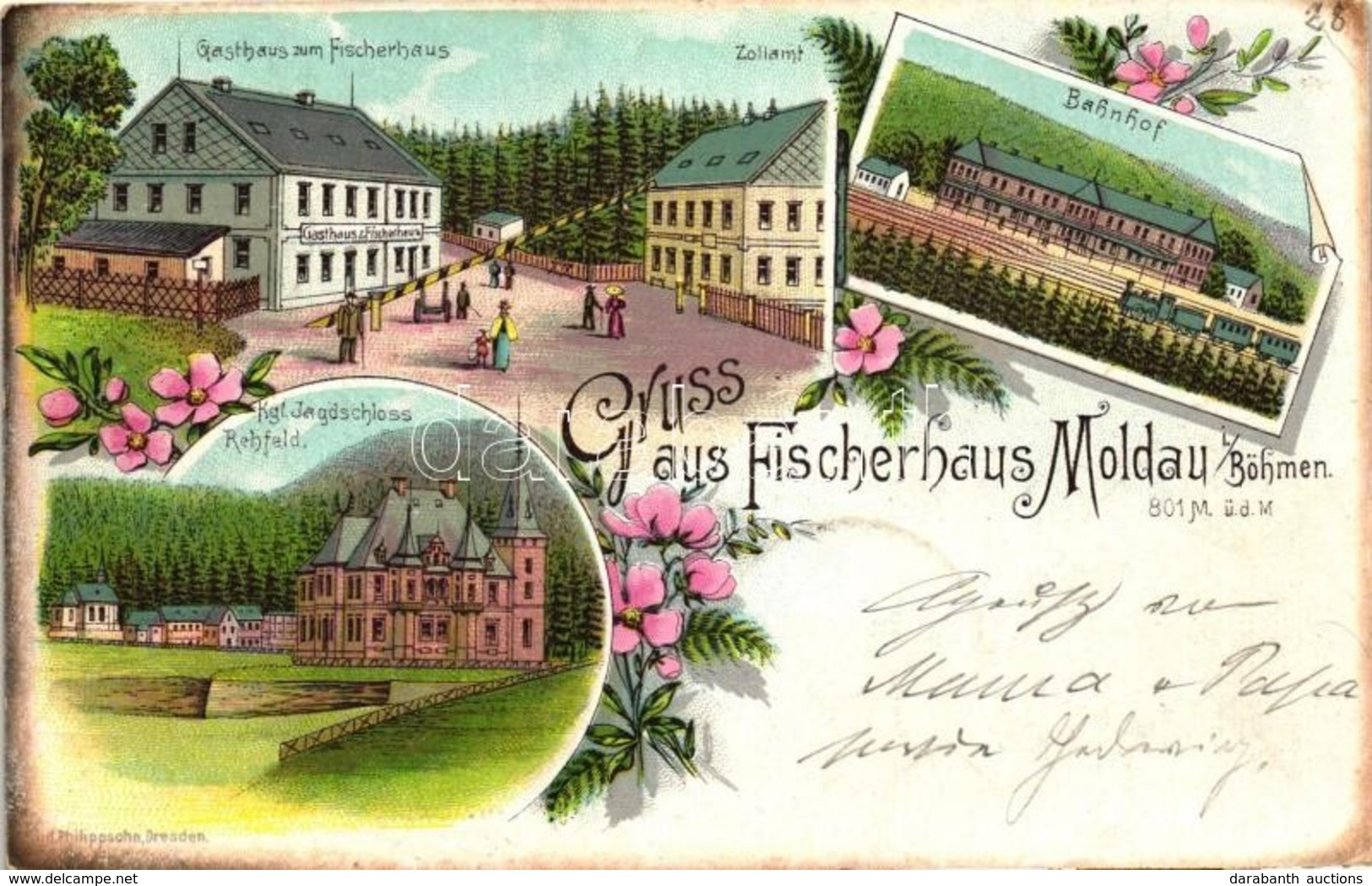 T2/T3 1899 Moldava, Moldau I. Böhmen; Gasthaus Zum Fischerhaus, Zollamt, Bahnhof, Jagdschloss, Rehfeld / Guest House, Ra - Non Classés