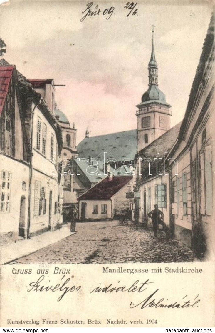 T3 Most, Brüx; Mandlergasse Mit Stadtkirche / Street View With Church (EM) - Non Classificati