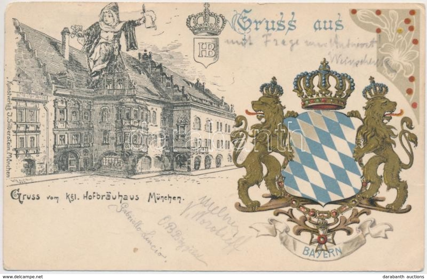 T3 München, Gruss Vom Kgl.  Hofbrauhaus / Greeting From The Royal Beer Hall, Coat Of Arms, Golden Decoration, Litho (fa) - Non Classés