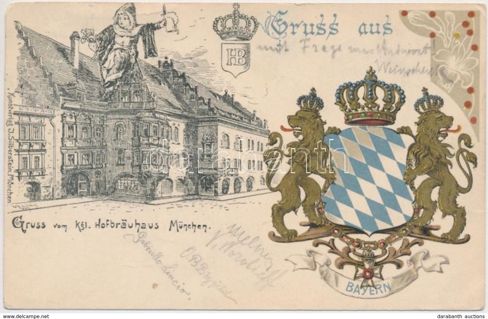 T3 München, Gruss Vom Kgl.  Hofbrauhaus / Greeting From The Royal Beer Hall, Coat Of Arms, Golden Decoration, Litho (fa) - Unclassified