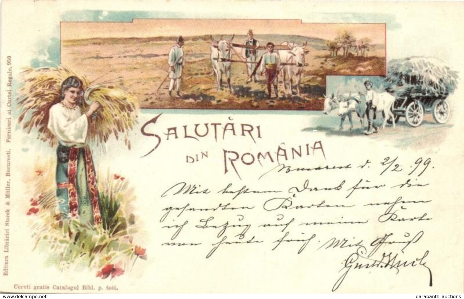 T2 1899 Salutari Din Romania, Greetings From Romania! Folklore, Ox Cart, Farmers Ploughing. Storck & Müller 950. Art Nou - Non Classés