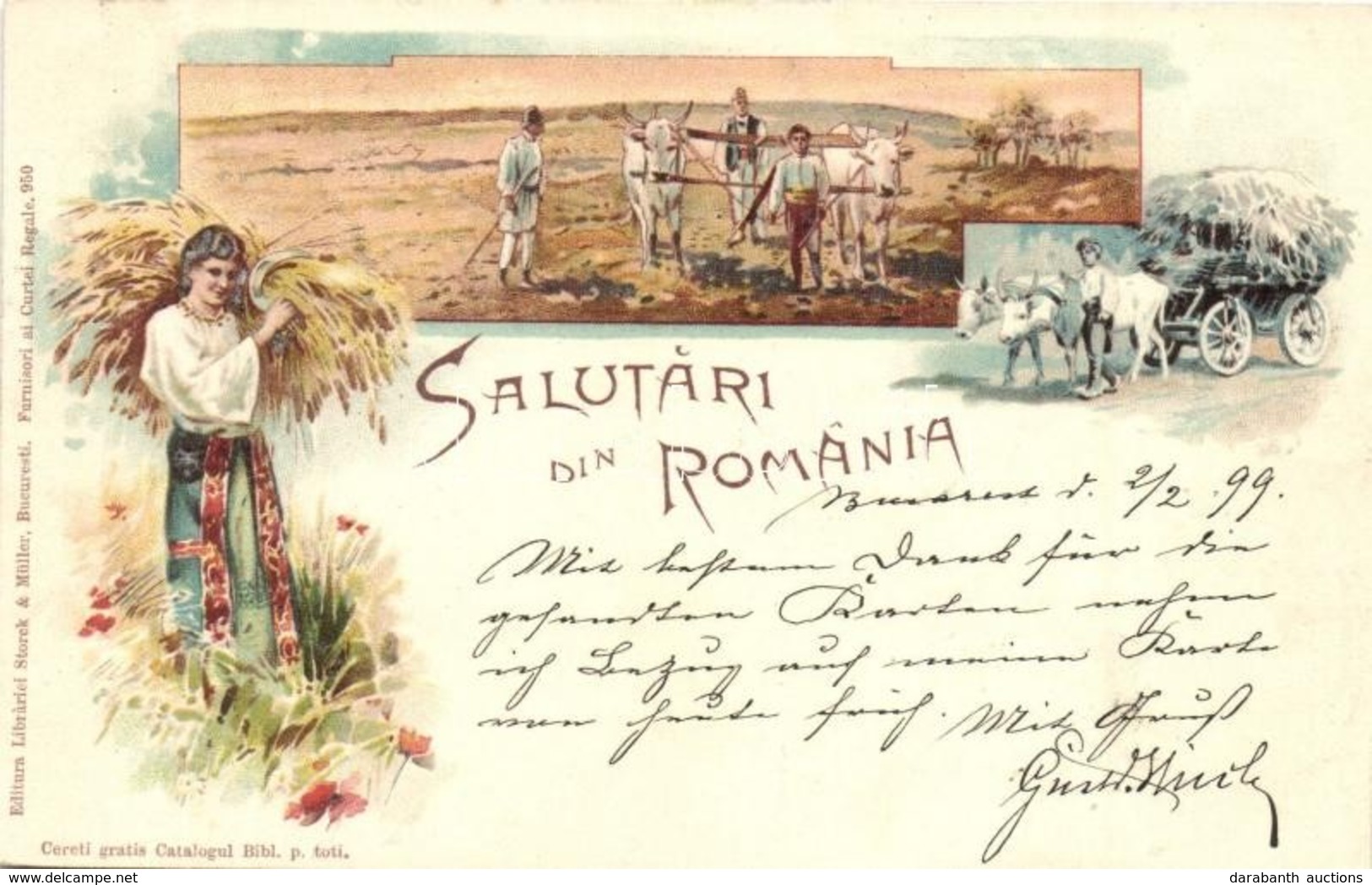 T2 1899 Salutari Din Romania, Greetings From Romania! Folklore, Ox Cart, Farmers Ploughing. Storck & Müller 950. Art Nou - Unclassified