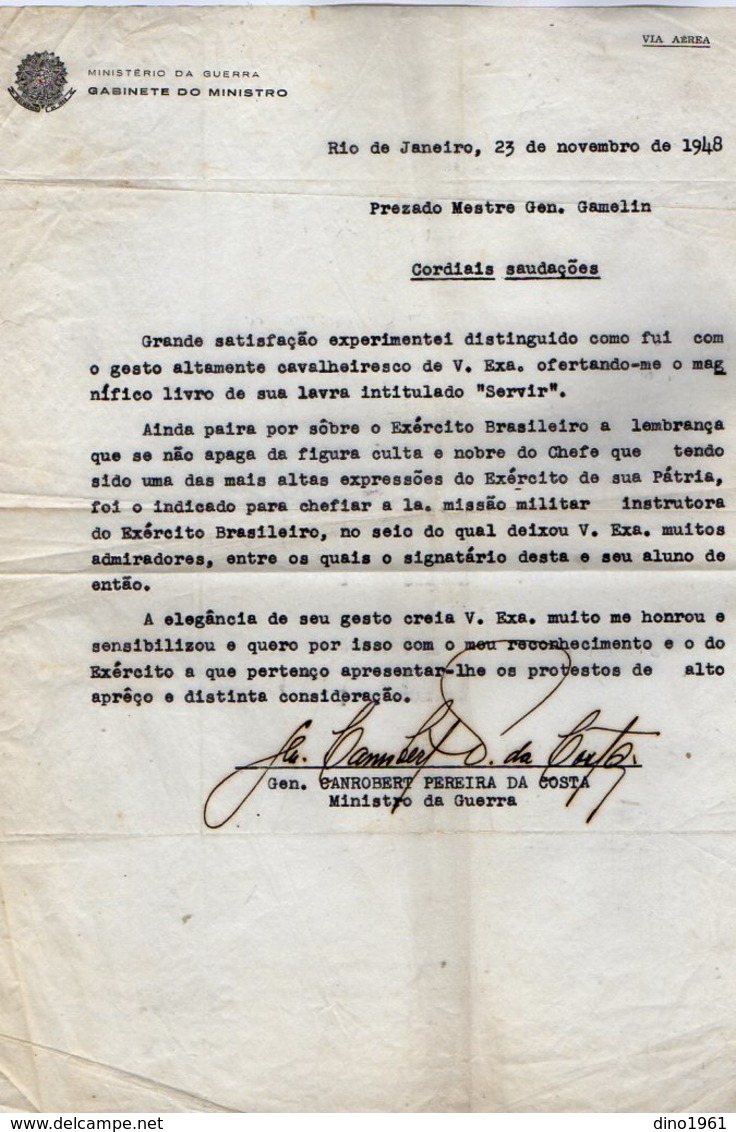 VP13.102 - RIO DE JANEIRO 1948 - Lettre De Mr CANROBERT PEREIRA DA COSTA Ministro Da Guerra Pour Mr Le Gal GAMELIN - Documentos