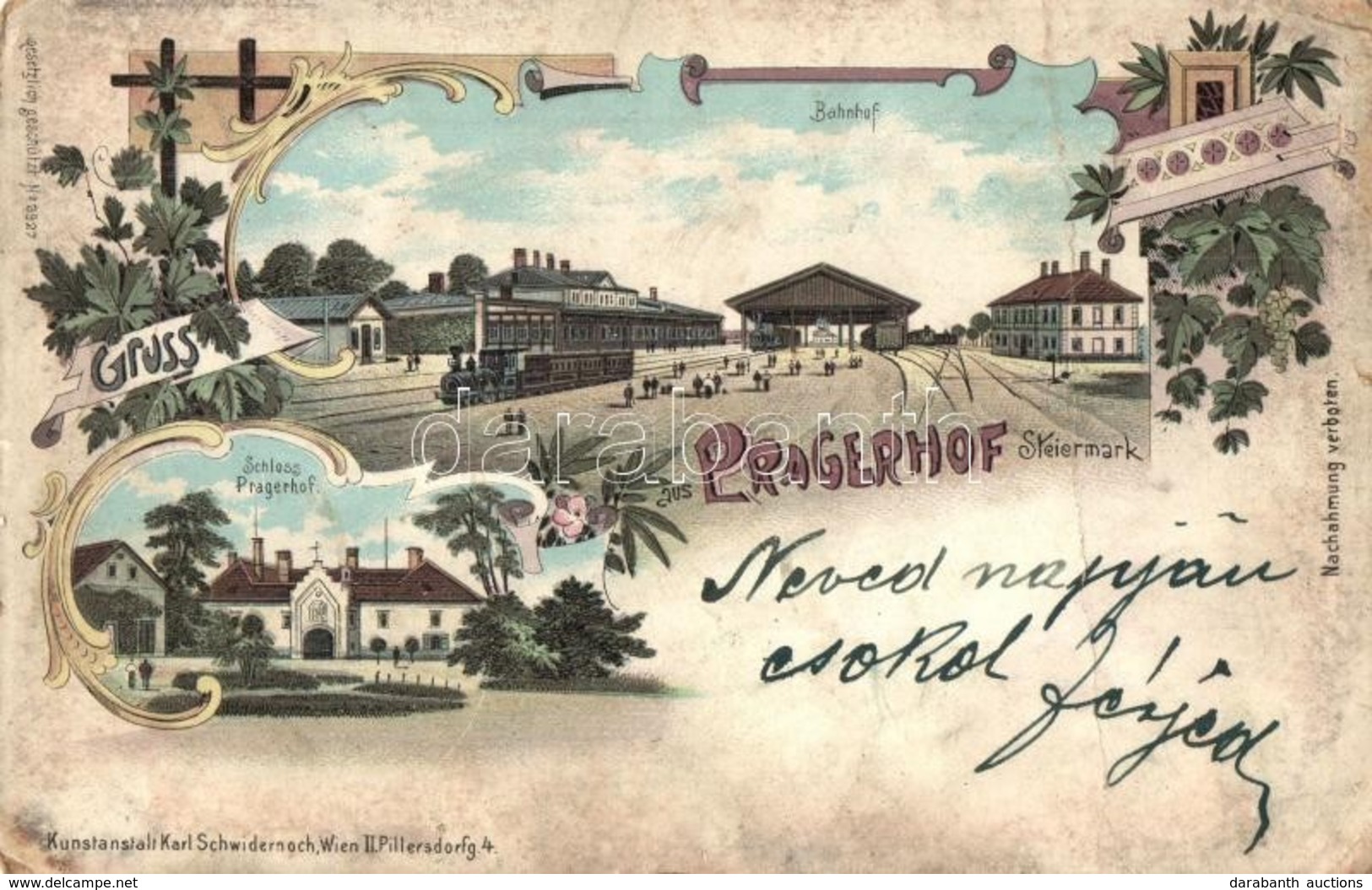 * T4 Pragersko, Pragerhof; Bahnhof, Schloss / Railway Station, Castle, Locomotive. Karl Schwidernoch Art Nouveau, Floral - Non Classés