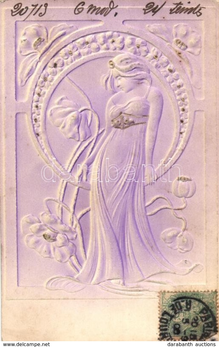 T2/T3 Art Nouveau Emb. Lady. TCV Card (glue Mark) - Non Classés