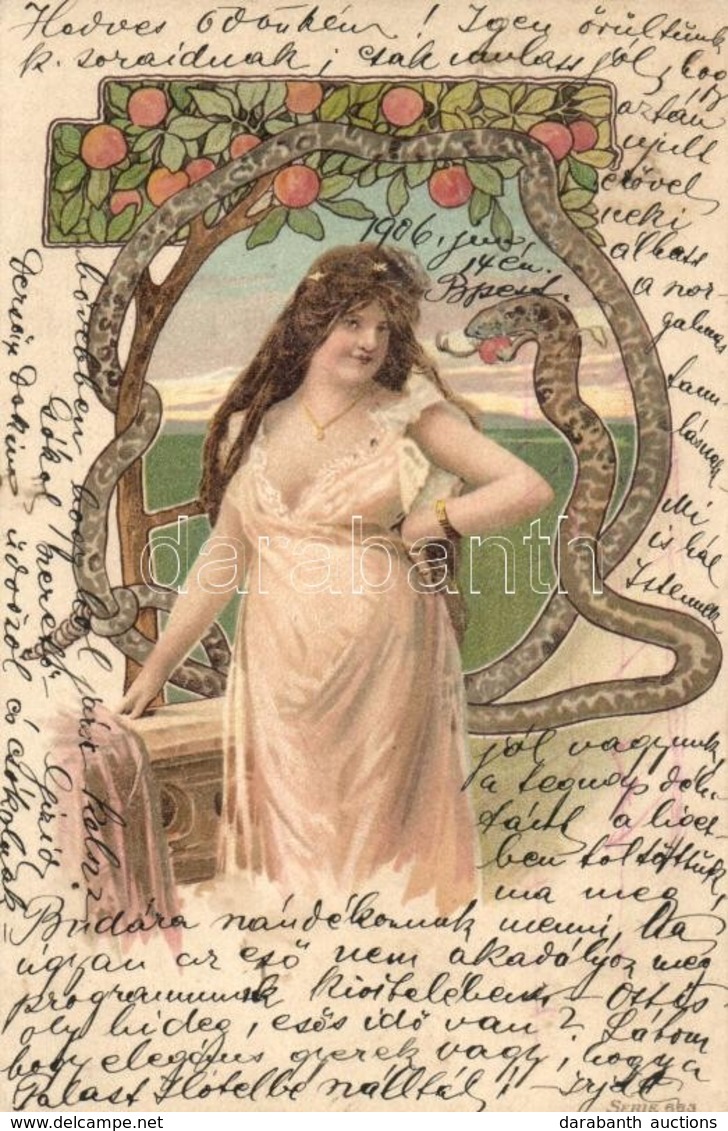 T4 Eve With Snake And Apple, Art Nouveau Litho  (wet Damage) - Non Classés