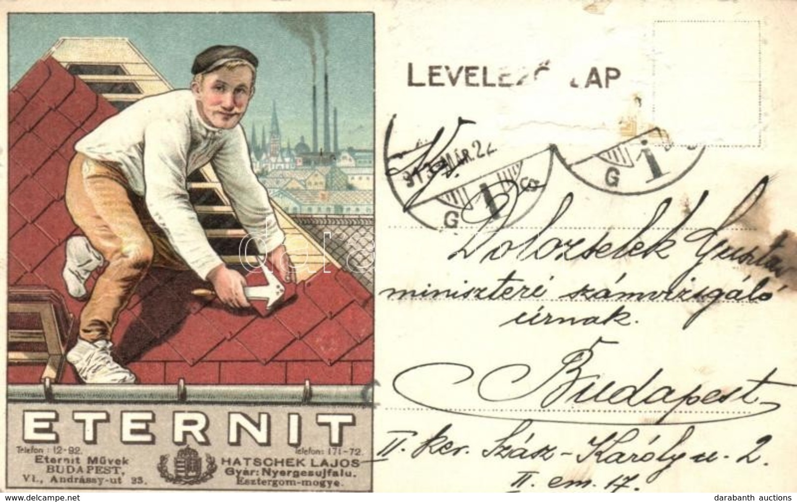 * T3 1913 Eternit-Pala. Hatschek Lajos Eternit-Művek Reklámlapja / Hungarian Roof Tile Advertisement Card. Litho (felszí - Non Classés