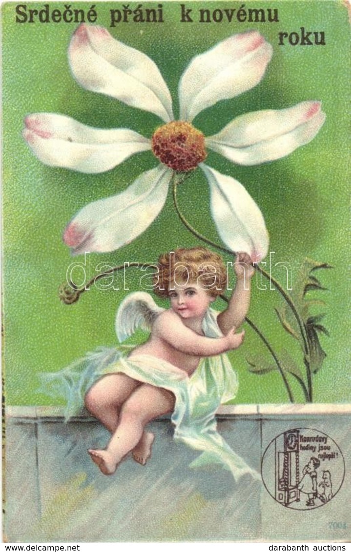** T2 Srdecné Práni K Novému Roku / New Year Greeting Art Postcard. Hanus Konrad's Clock Shop Advertisement, Litho - Non Classés