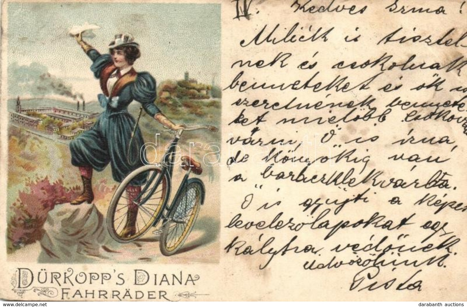* T3 1899 Dürkopp's Diana Fahrräder / Dürkopp Bicycle Advertisement Card With Lady. Litho (kis Sarokhiány / Small Corner - Non Classés