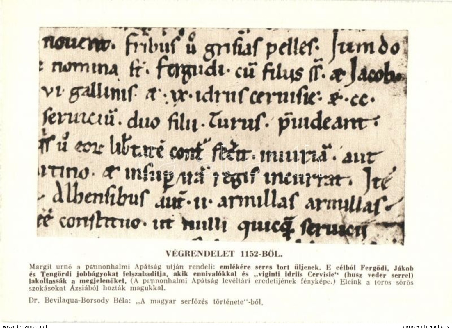 ** T1/T2 Végrendelet 1152-ből. Dr. Bevilaqua-Borsody Béla 'A Magyar Serfőzés Története'-ből / Will From Dr. Béla Bevilaq - Non Classés