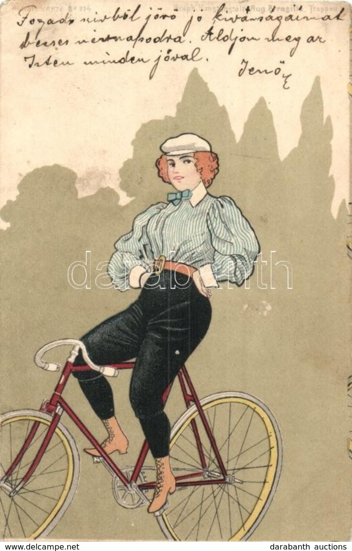 * T2/T3 1901 Lady On Bicycle. Künstlerkarte No. 214. Graph. Kunstanstalt Aug. Strasilla, Troppau. Litho (EK) - Non Classés