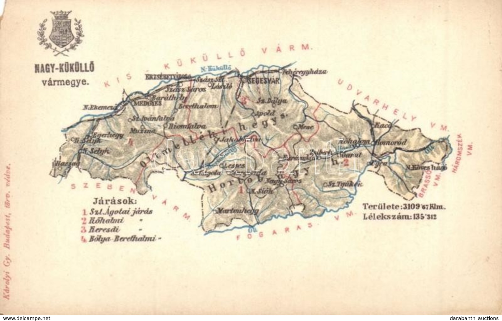 ** T4 Nagy-Küküllő Vármegye Térképe; Kiadja Károlyi Gy. / Map Of Nagy-Küküllő County / Comitatul Tarnava-Mare (EM) - Non Classés