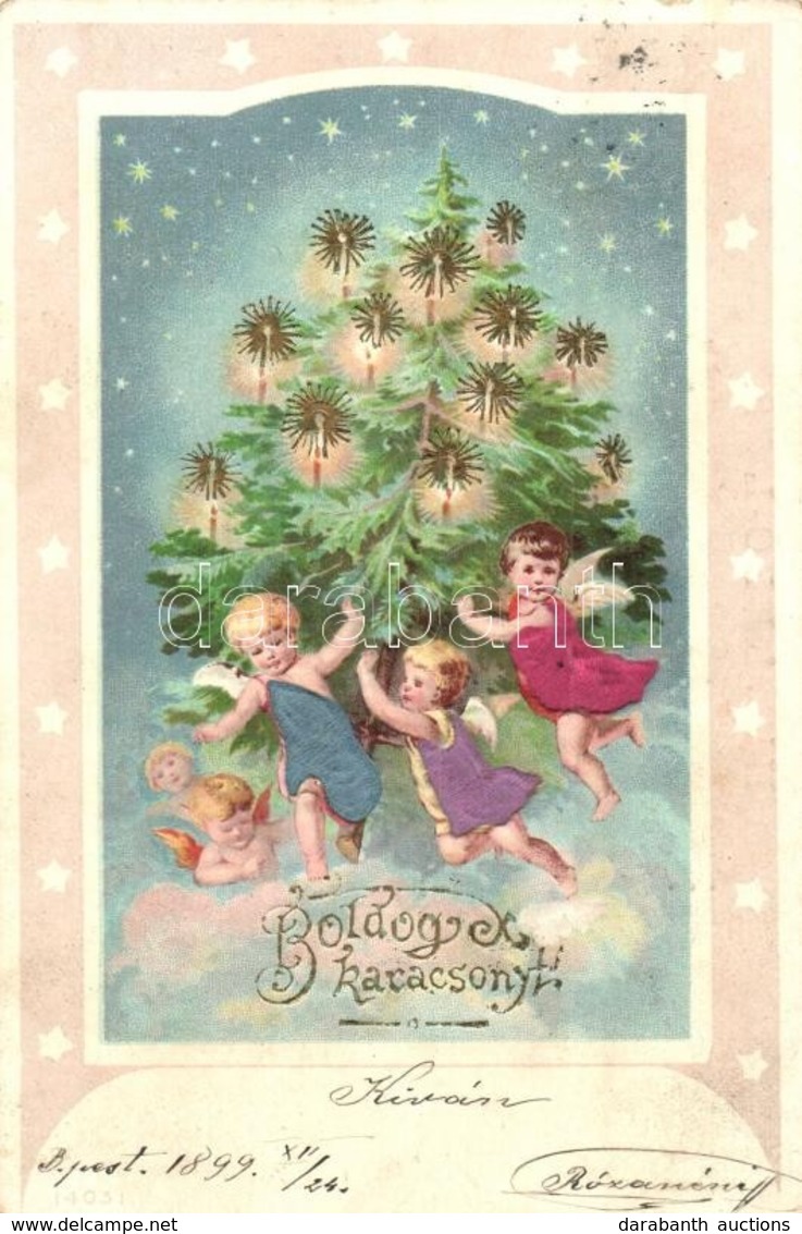 T2/T3 1899 Boldog Karácsonyt! / Christmas Greeting Card With Christmas Tree And Angels. Emb. Litho (EK) - Non Classés