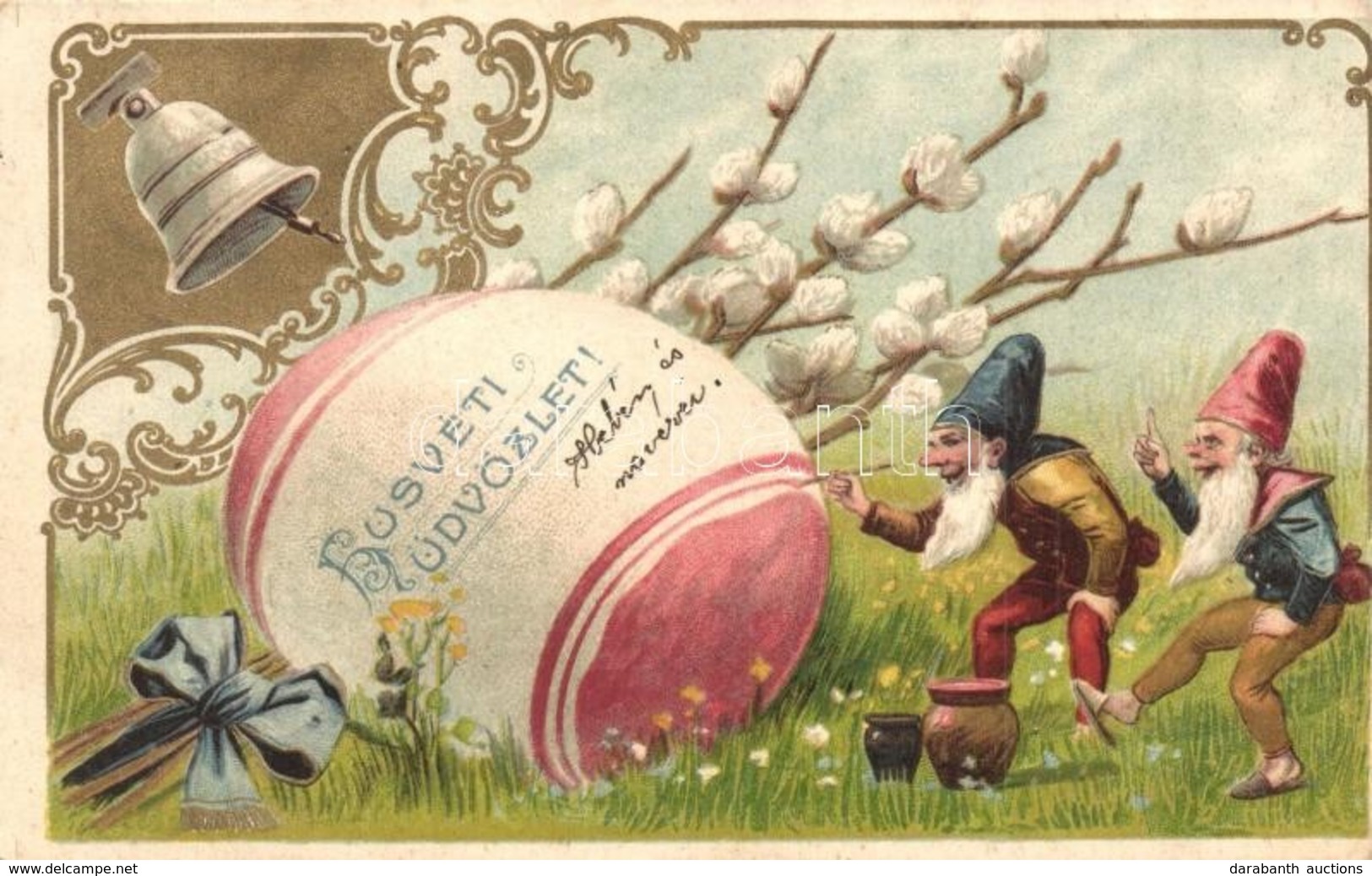 * T2/T3 Húsvéti üdvözlet Törpékkel / Easter Greeting Card With Dwarves Painting An Egg. Litho (Rb) - Non Classés